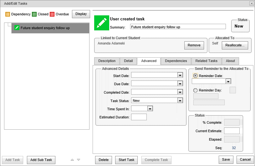 Add Edit Tasks window - Advanced tab (synweb)