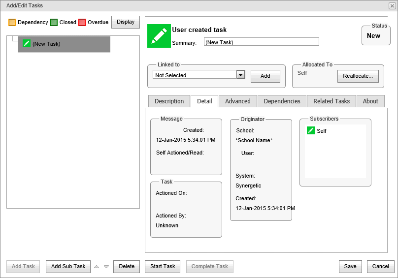 Add Edit Tasks window - Detail tab (synweb)