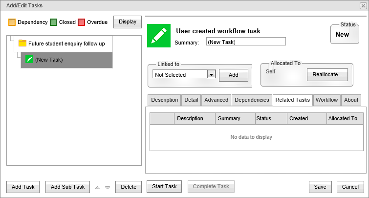 Add Edit Tasks window - Related Tasks tab (synweb)