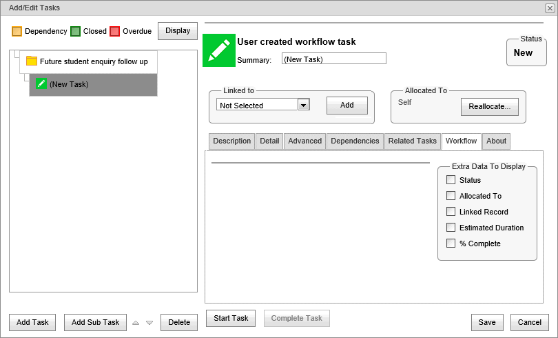Add Edit Tasks window - Workflow tab (synweb)