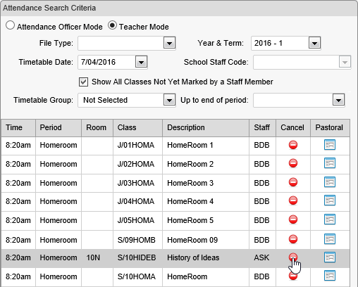 Attendance Maintenance Search window (Cancel Class link)