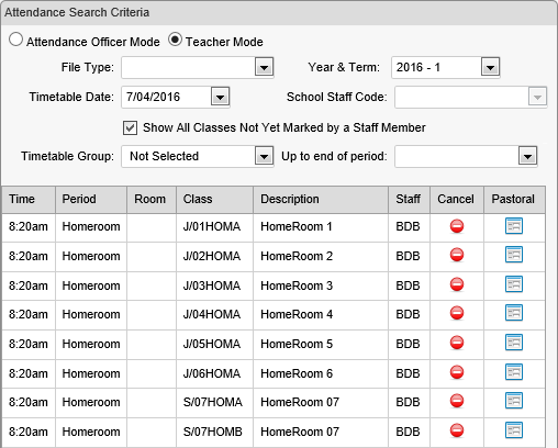 Attendance Maintenance Search window