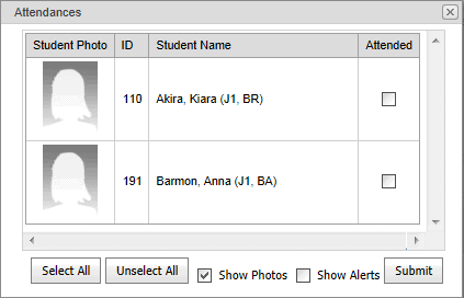 Attendances window (Appointment, synweb)