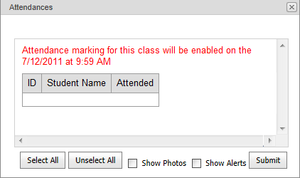Attendances window (not enabled for marking, synweb)