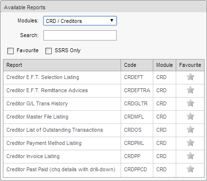 Available Reports window