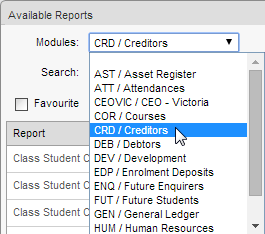 Modules drop-down list