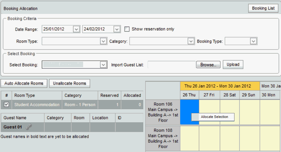 Booking Allocation window (synweb, student accommodation example allocating)