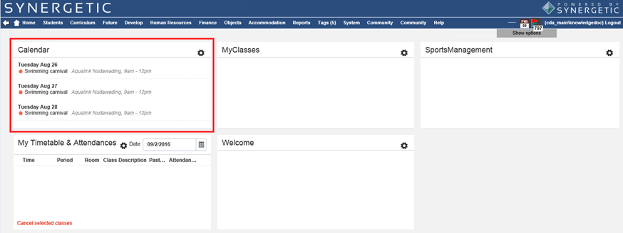 Calendar widget default position (Synweb)