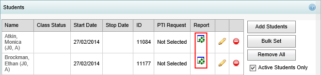 Class Maintenance - Students bar (hot report icons highlighted)