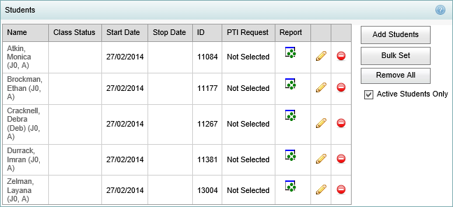 Class Maintenance - Students bar (Initial view, synweb)