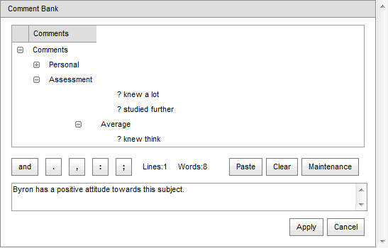 Comment Bank window