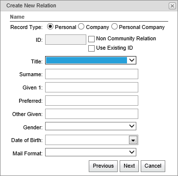 Create New Relation - Name window