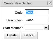 Create New Section window (Cadet Maintenance, synweb)