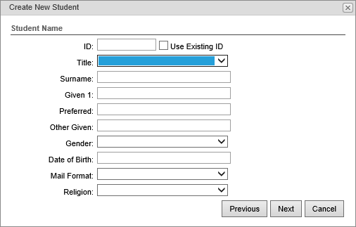Create new student - Student Name window (synweb)
