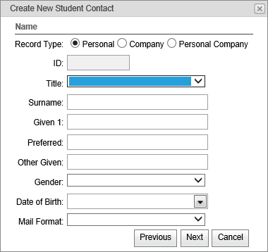 Create New Student Contact - Name window (synweb)
