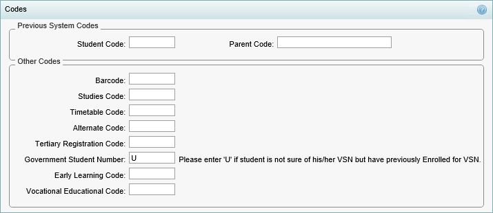 Current Student Maintenance - Codes bar (synweb)