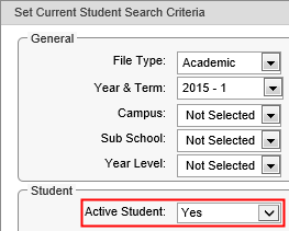 Current Student Search Criteria (Active Student field, cut down)