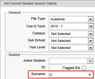 Current Student Search Criteria window (cut down)