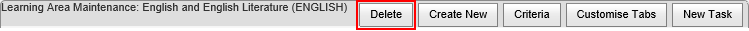 Delete button highlighted (learning area maintenance window)