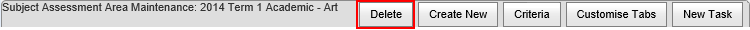 Delete button highlighted (subject assessment area maintenance window)