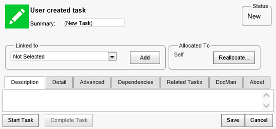 Description tab (Action Centre task message)