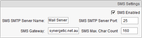 Email/SMS Configuration window (SMS Settings area)
