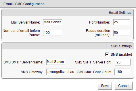 Email/SMS Configuration window