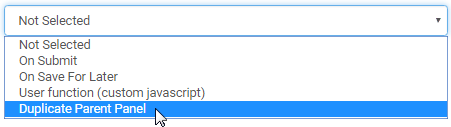 Event action drop-down list (Duplicate parent panel selected)