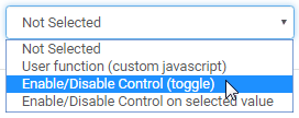 Event action drop-down list (Enable control on value, toggle, selected)