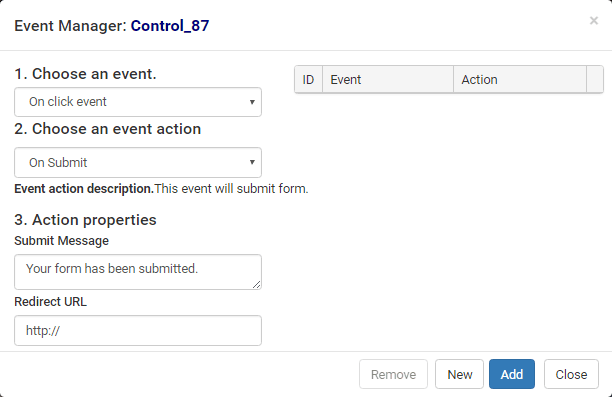 Events Manager window (Action properties)