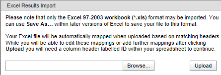 Excel Results Import window (synweb)