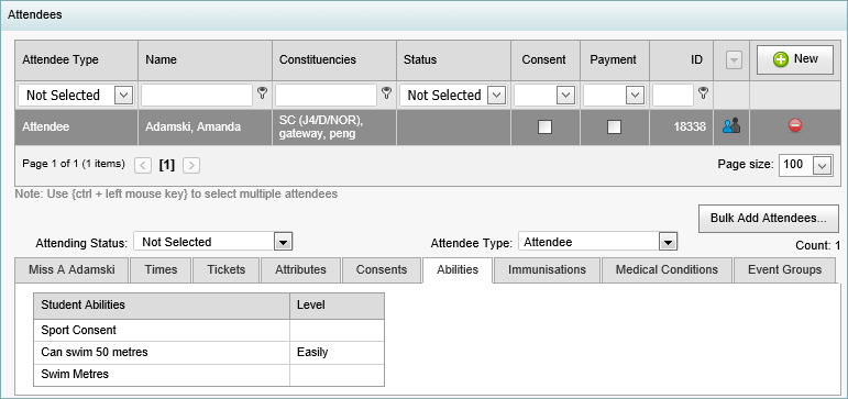 Excursion Maintenance - Attendees bar - Abilities tab (synweb)