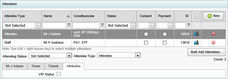 Excursion Maintenance - Attendees bar - Attributes tab (synweb)
