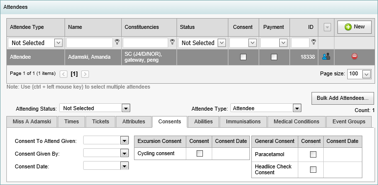 Excursion Maintenance - Attendees bar - Consents tab (synweb)