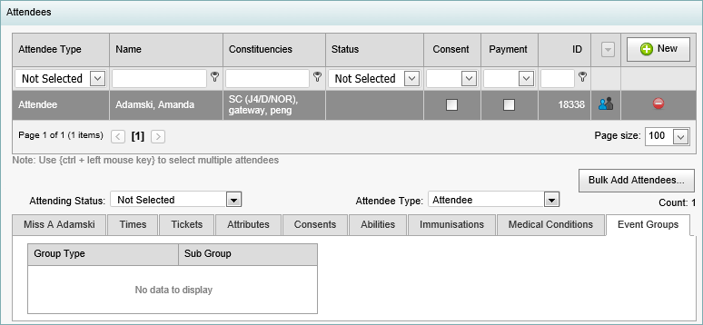 Excursion Maintenance - Attendees bar - Event Groups tab (synweb)