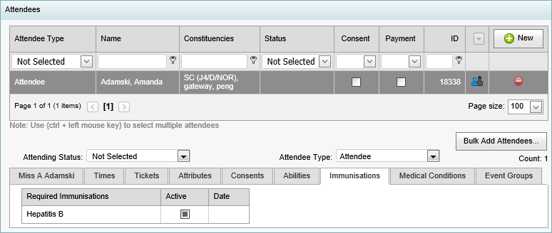 Excursion Maintenance - Attendees bar - Immunisations tab (synweb)