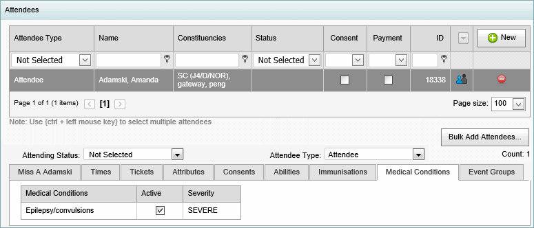 Excursion Maintenance - Attendees bar - Medical Conditions tab (synweb)