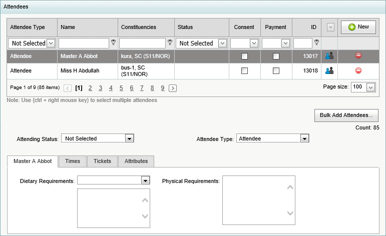 Excursion Maintenance - Attendees bar - Primary tab (synweb)
