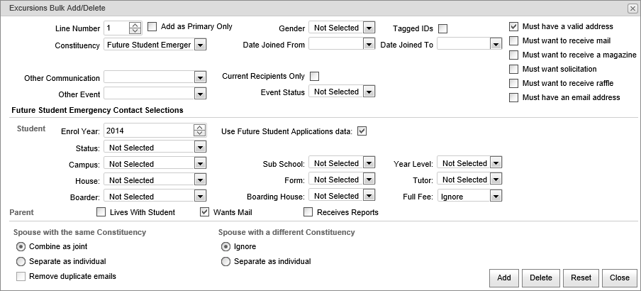 Excursions Bulk Add-Delerte (future student emergency contact, synweb)