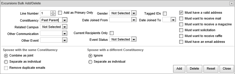 Excursions Bulk Add/Delete window (Past parent)