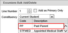 Excursions Bulk Add Delete (What's new, Past Parents constituency highlighted)