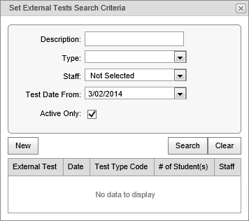 External Tests Search Criteria (synweb, cut down)