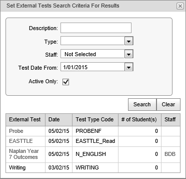 External Tests Search Criteria for Results window (synweb)