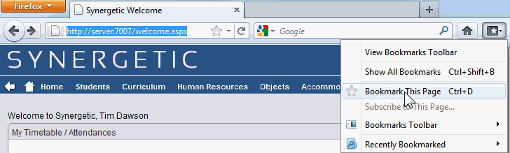 Firefox (bookmark Synergetic Welcome page)