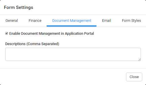 Form Settings window - Document Manangement tab
