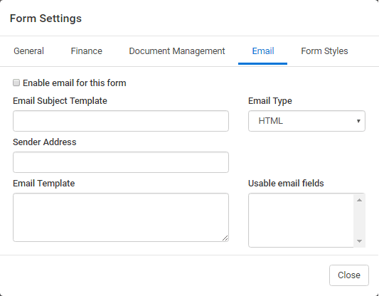 Form Settings window - Email tab