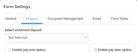 Form Settings window - Finance tab (cut-down)