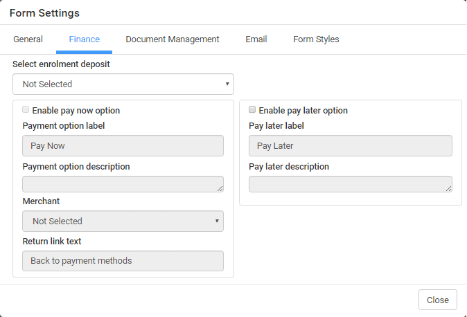 Form Settings window - Finance tab