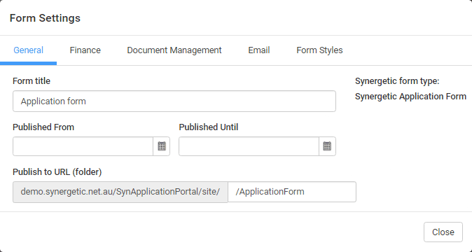Form Settings window - General tab