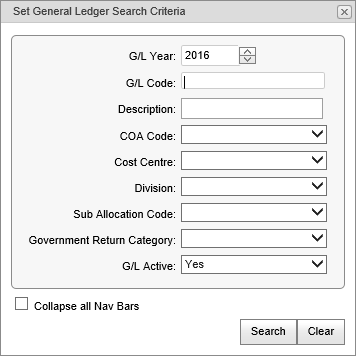 General Ledger Search Criteria window (synweb)